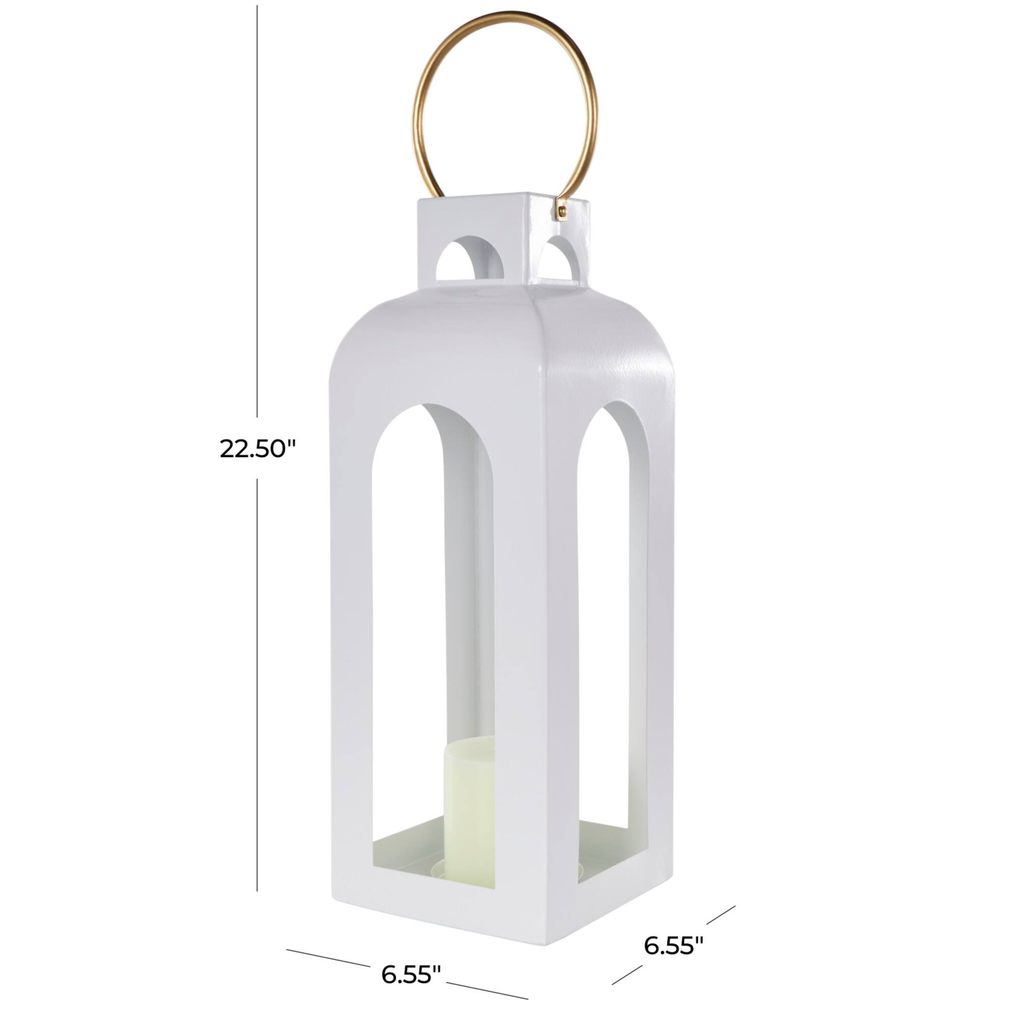 22.5" White Metal Tall Arched Cutout Candle Lantern with Gold Handle